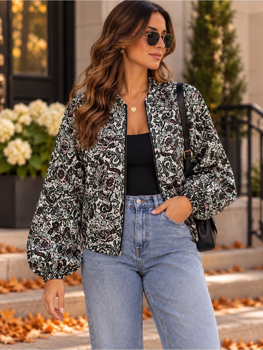 💙 Free People - Balloon Sleeve Floral Print Bomber Jacket - Sz Sm